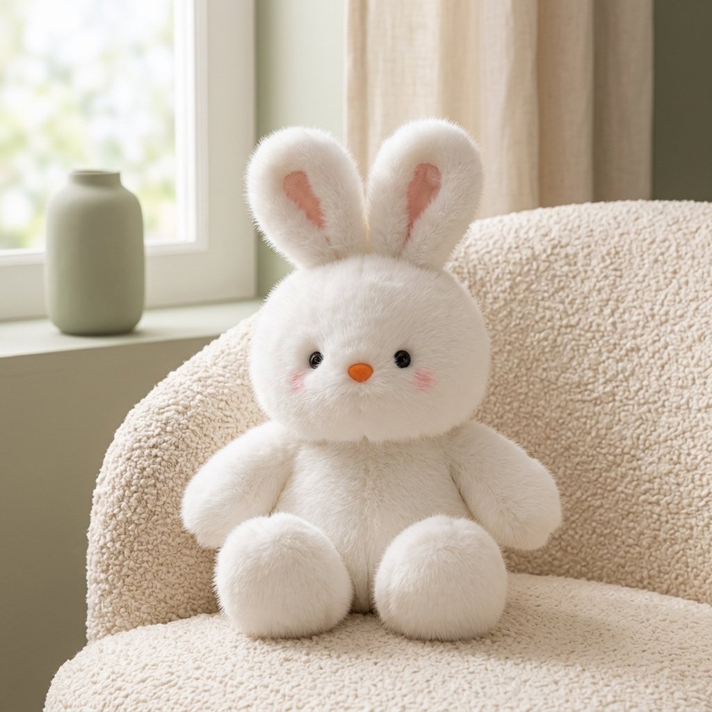 Peluche lapin blanc à poils longs sur un fauteuil Image