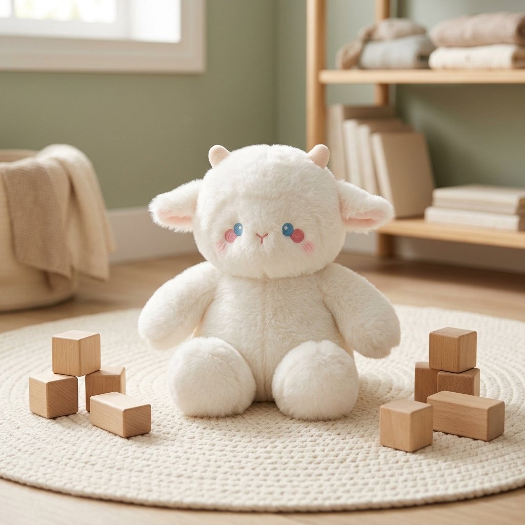 Peluche agneau à poils longs sur un tapis