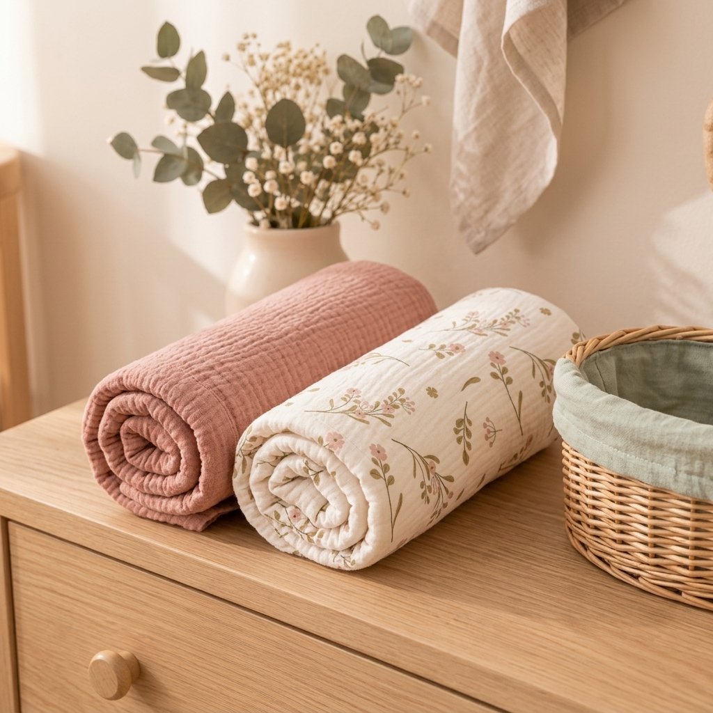 Deux langes en gaze gaufrée pliés sur une commode Image