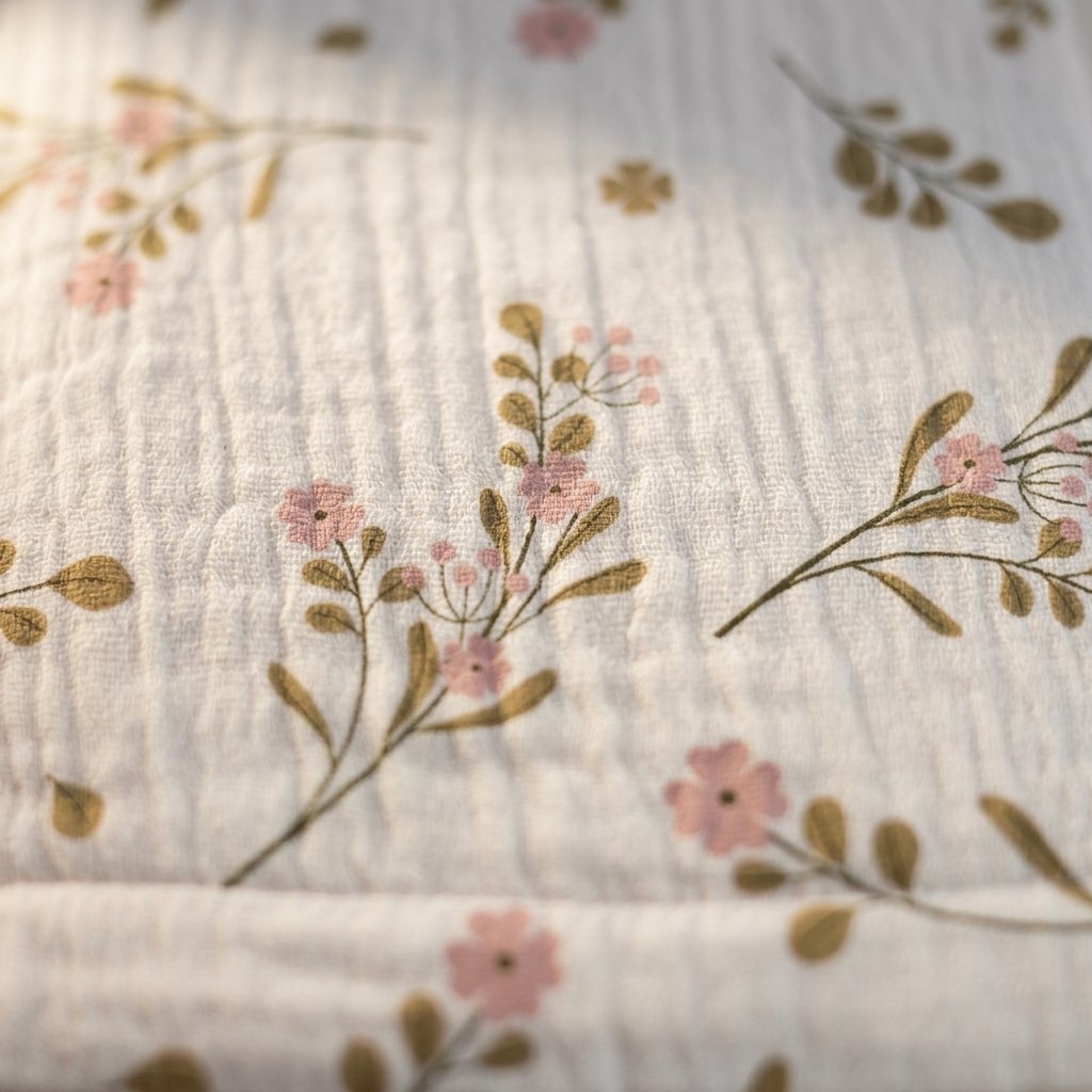 Détail de la gaze de coton gaufrée et du motif fleuri