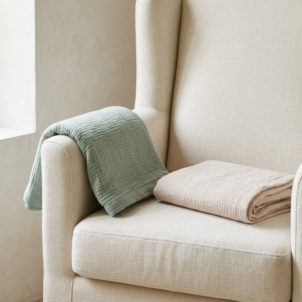 Deux langes en gaze gaufrée sur un fauteuil d'allaitement