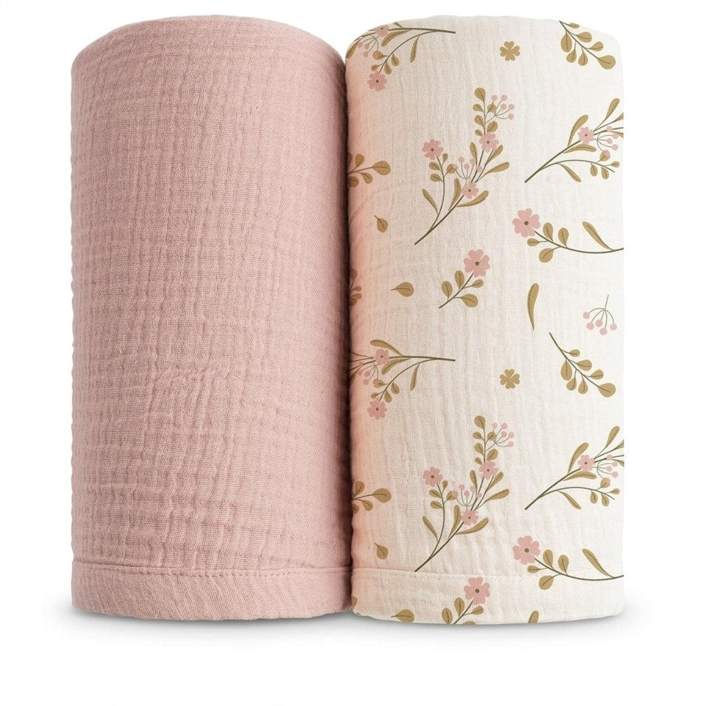 Lot de 2 langes en gaze de coton gaufrée rose et fleurs roses
