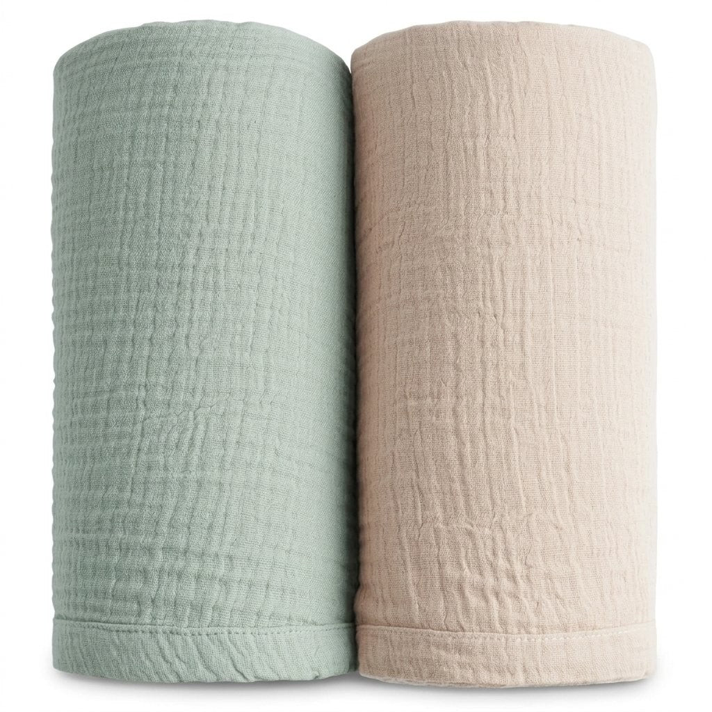 Lot de 2 langes en gaze de coton gaufrée sauge et lin