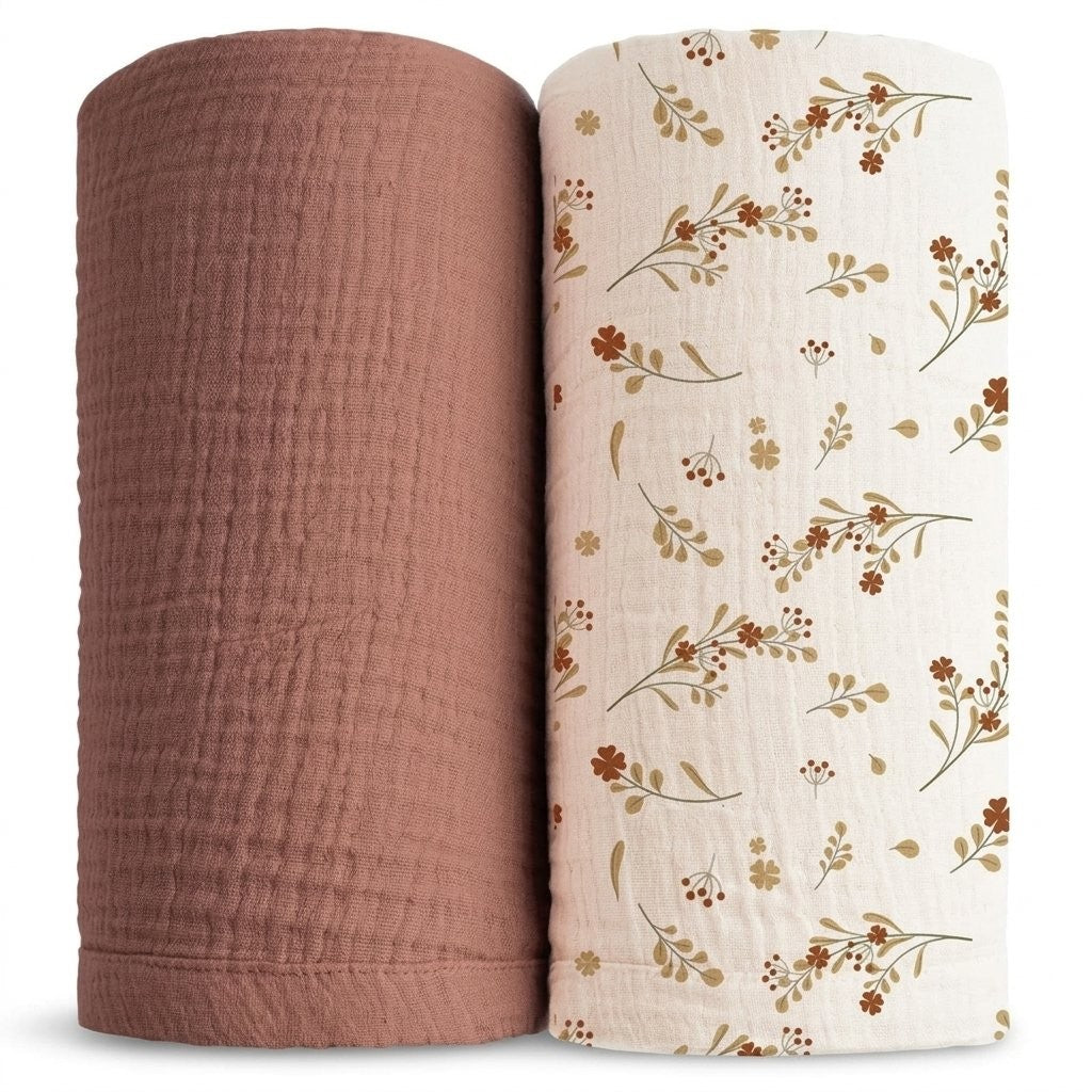 Lot de 2 langes en gaze de coton gaufrée terracotta et fleurs rouille