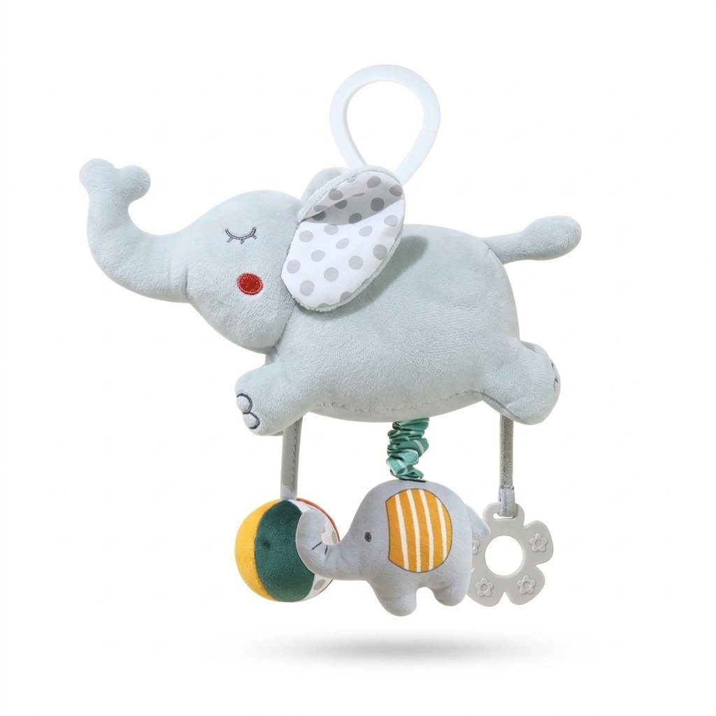 Jouet musical à suspendre éléphant gris avec balle, petit éléphant et anneau de dentition
