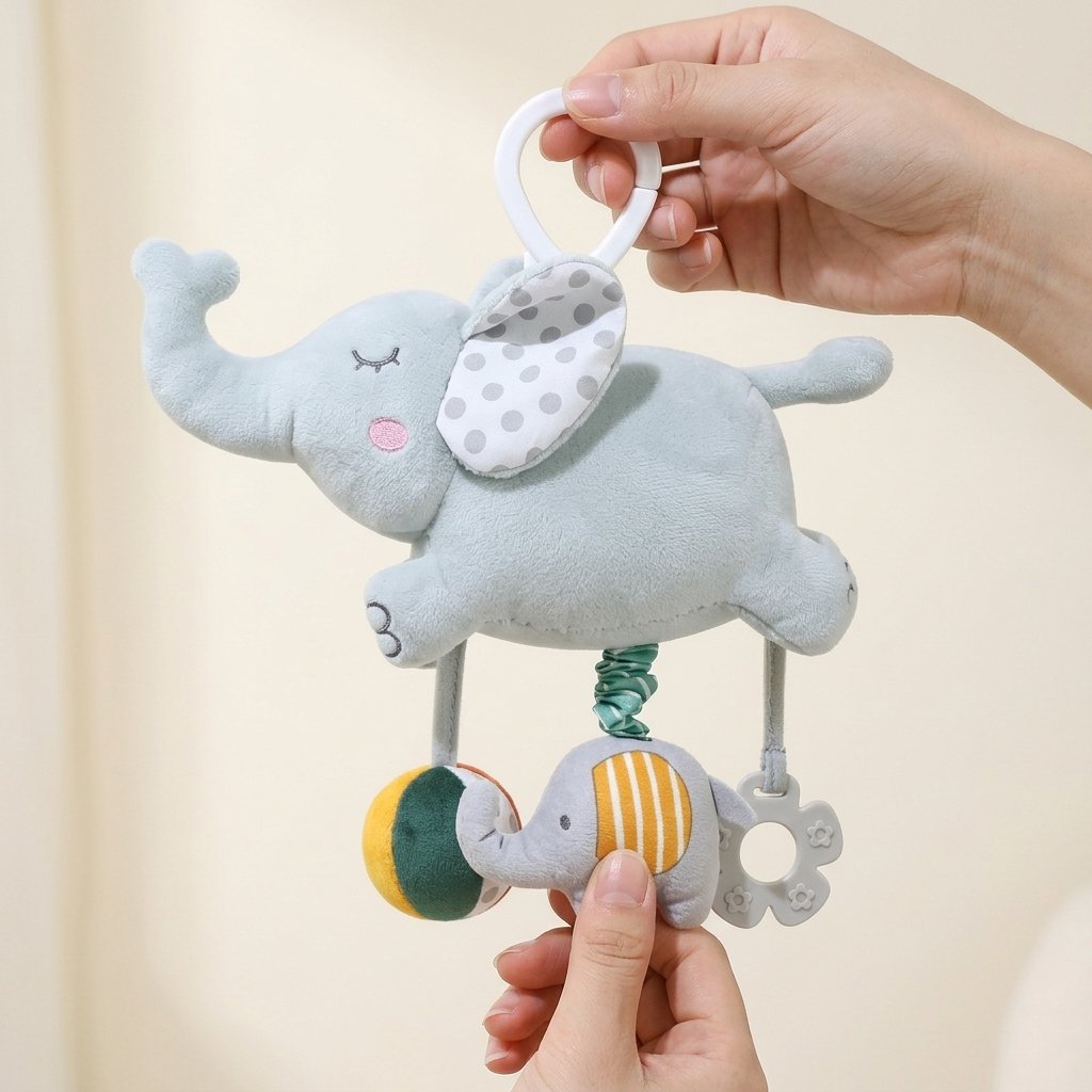 Main tirant sur le petit éléphant du jouet musical à suspendre
