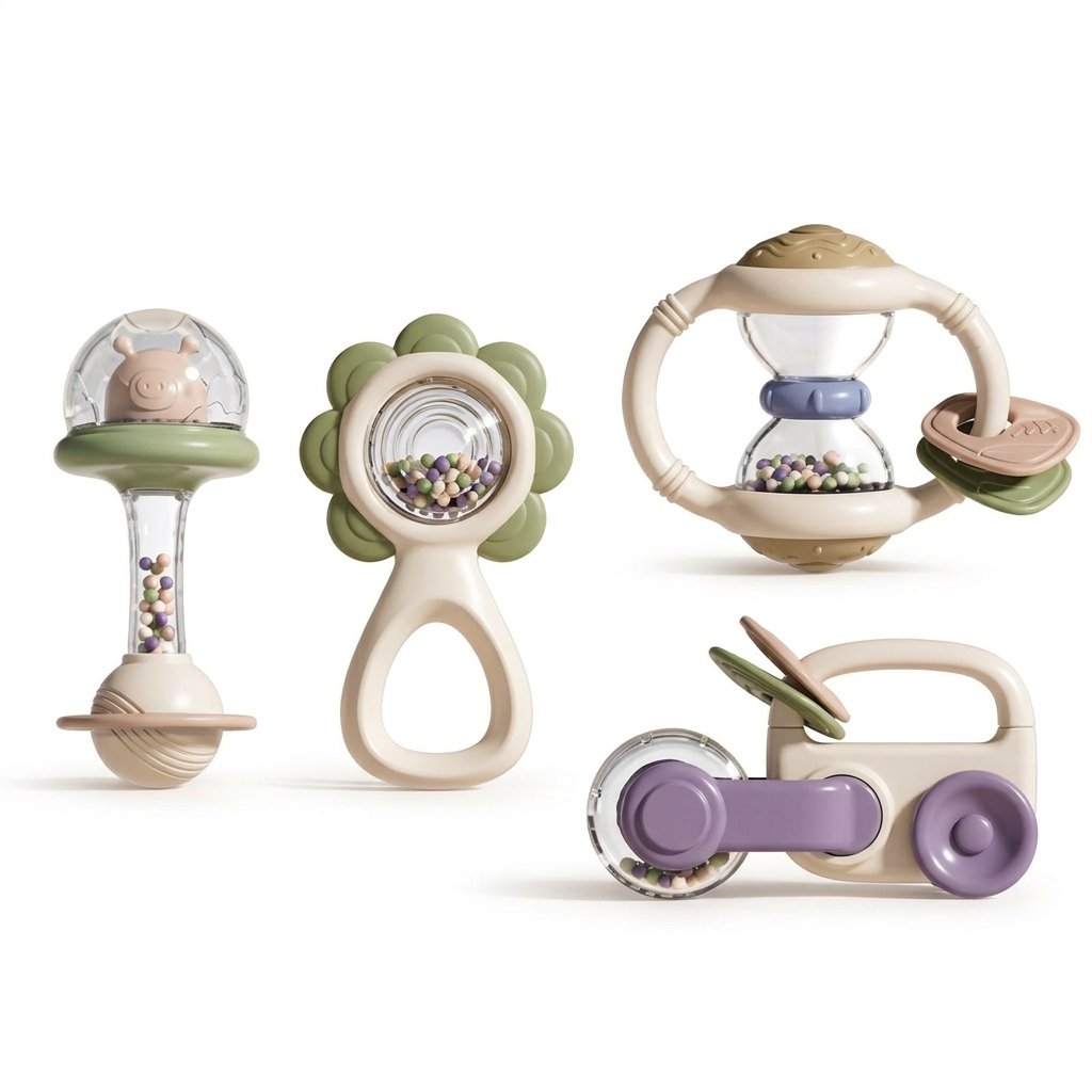 Hochet bâton, hochet fleur, anneau sablier et petite voiture du coffret