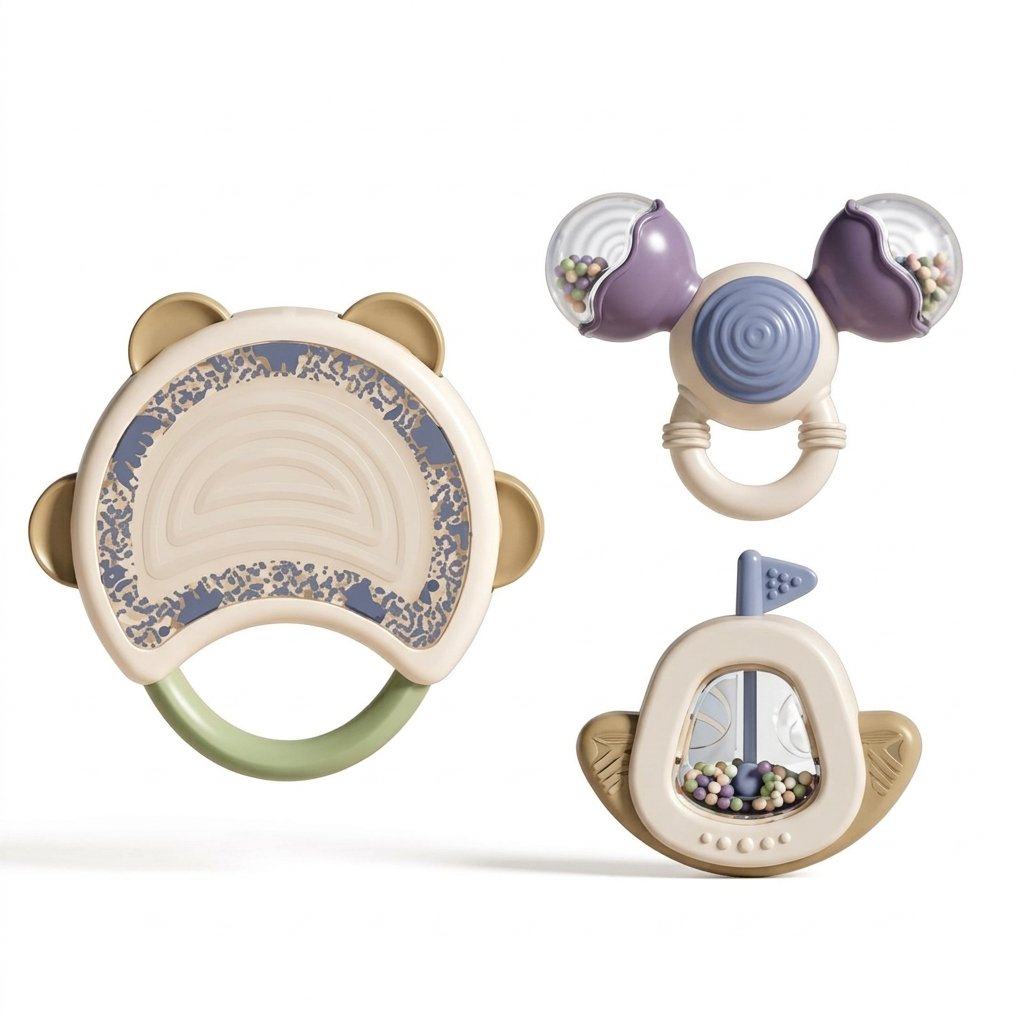 Tambourin, hochet à oreilles violettes et bateau du coffret