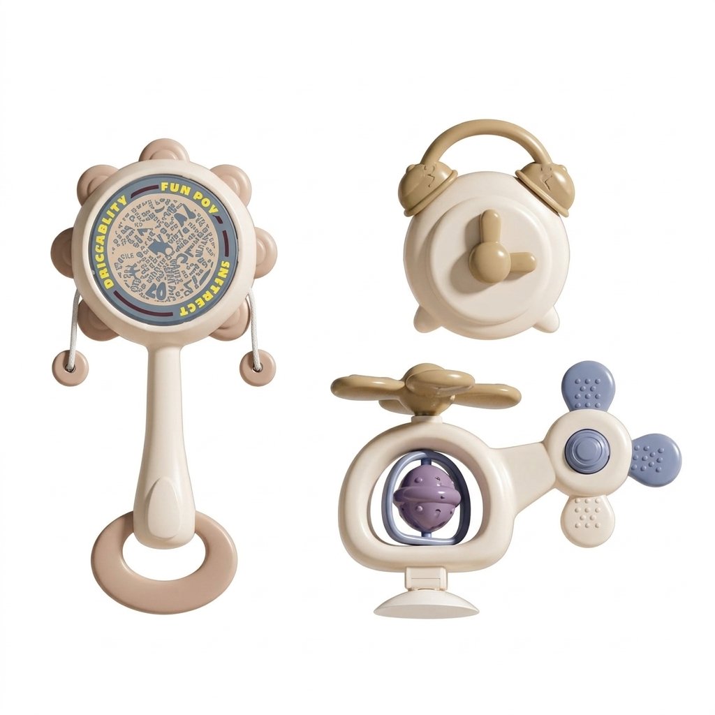 Hochet tambour, hochet réveil et hochet hélicoptère du coffret