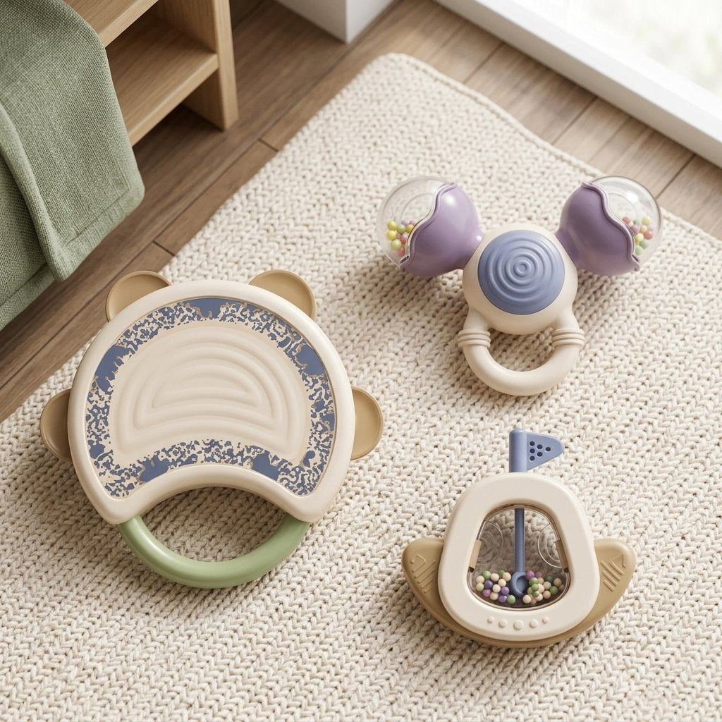 Tambourin, hochet à oreilles et bateau posés sur un tapis d'éveil Image