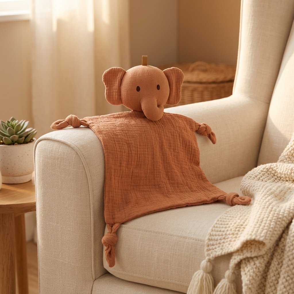 Doudou éléphant sur un fauteuil avec un plaid
