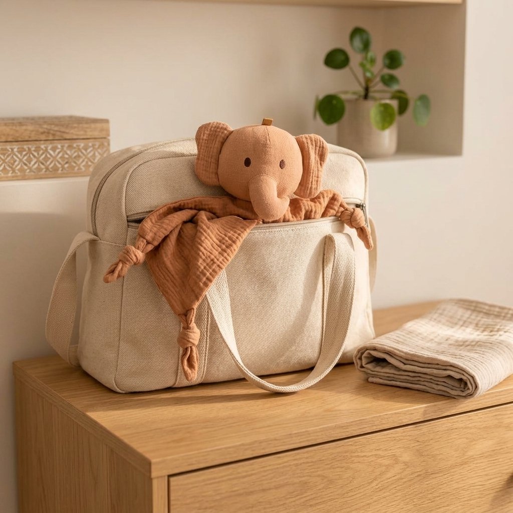 Doudou éléphant posé sur un sac à langer