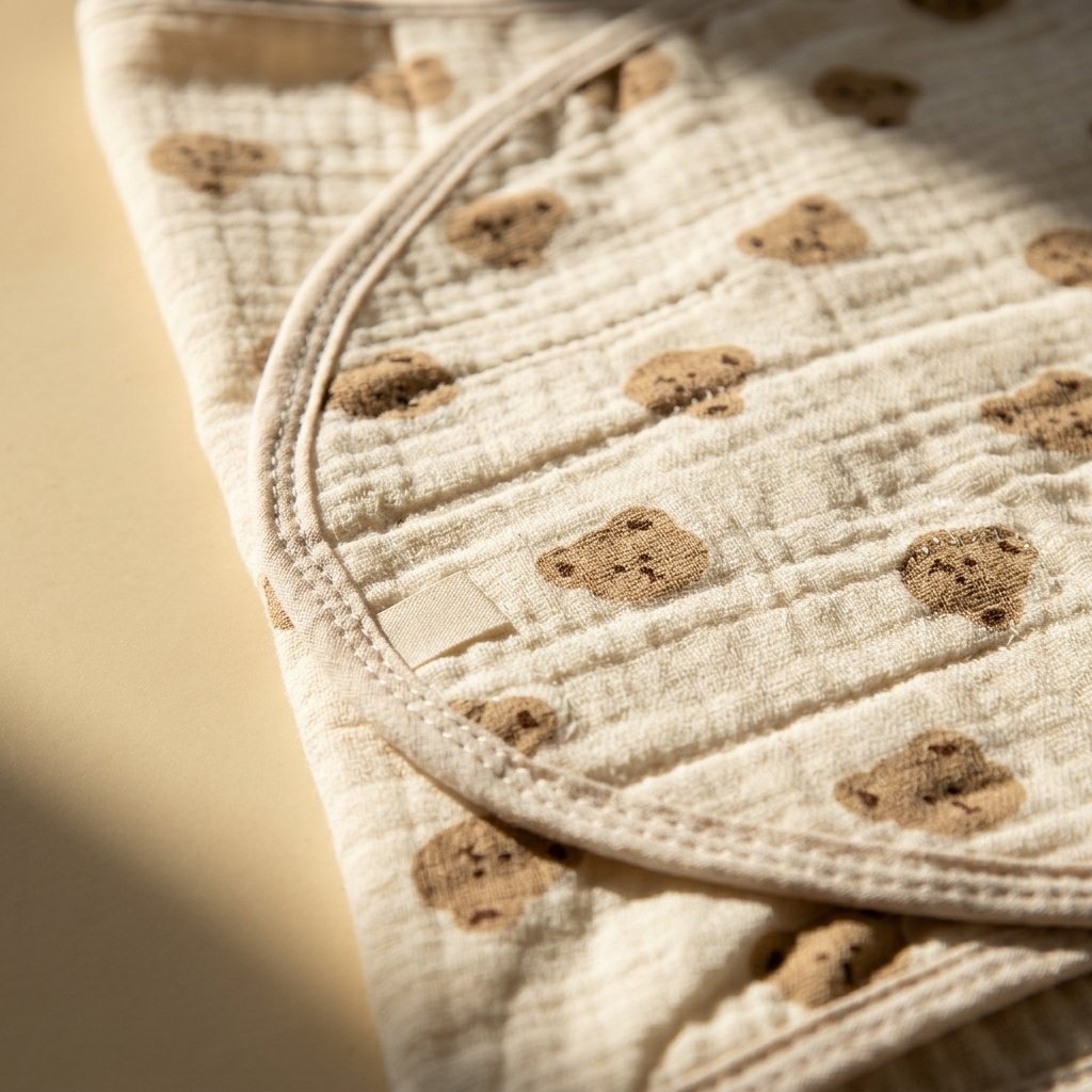 Détail de la gaze froissée et du liseré du bandeau d'emmaillotage