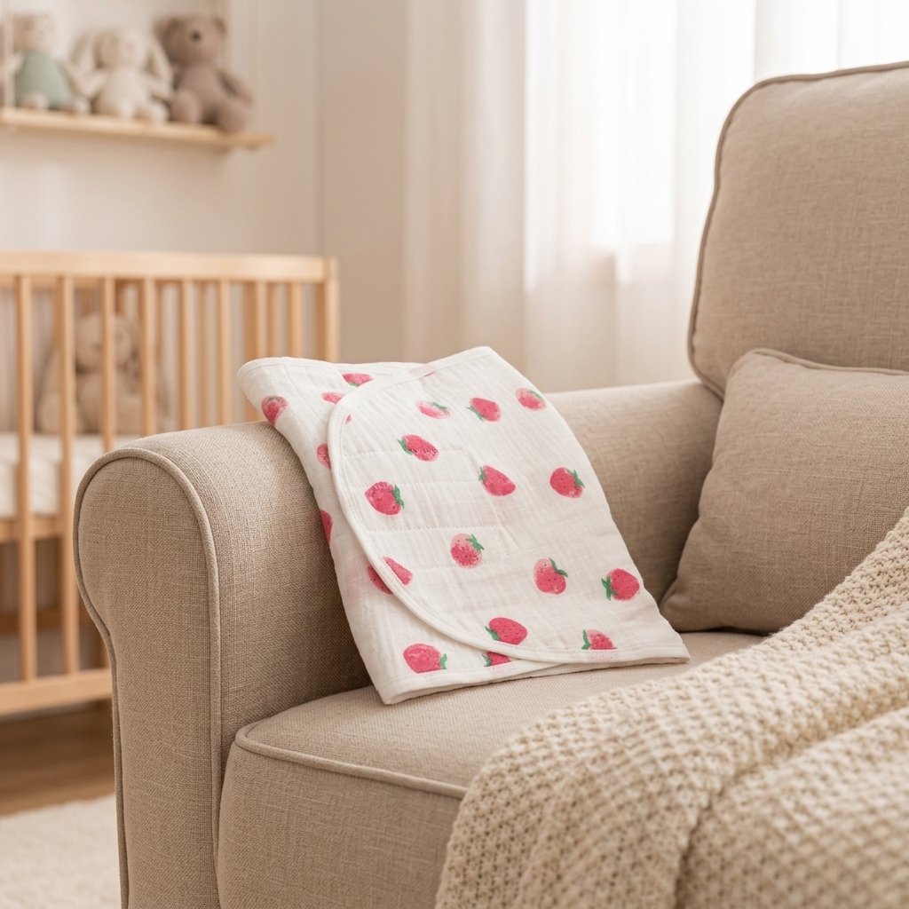 Bandeau d'emmaillotage imprimé fraises sur un fauteuil d'allaitement Image