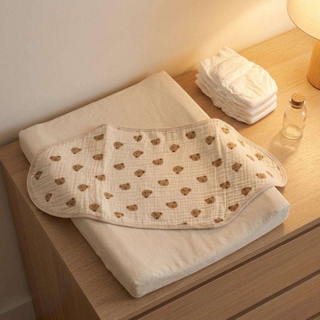 Bandeau d'emmaillotage déplié sur un matelas à langer