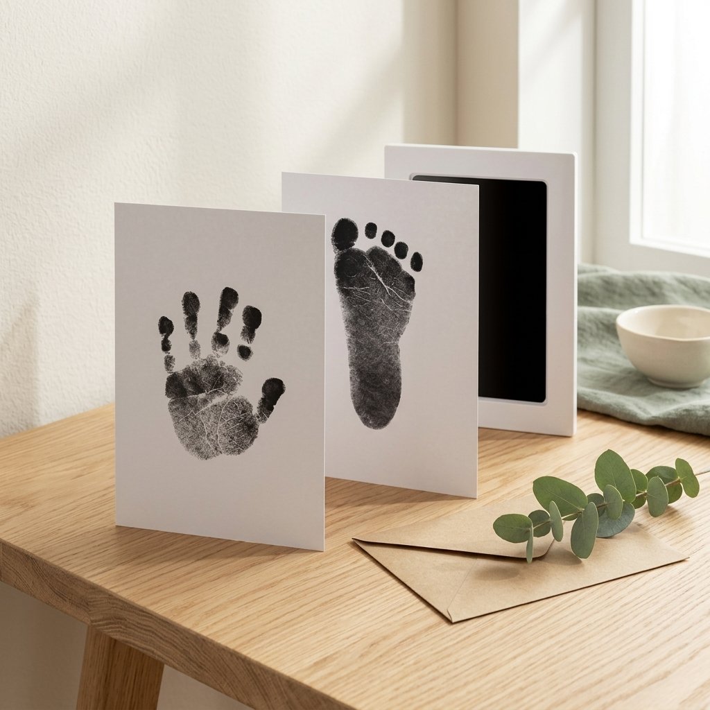 Cartes d'empreinte de main et de pied sur une table en bois Image