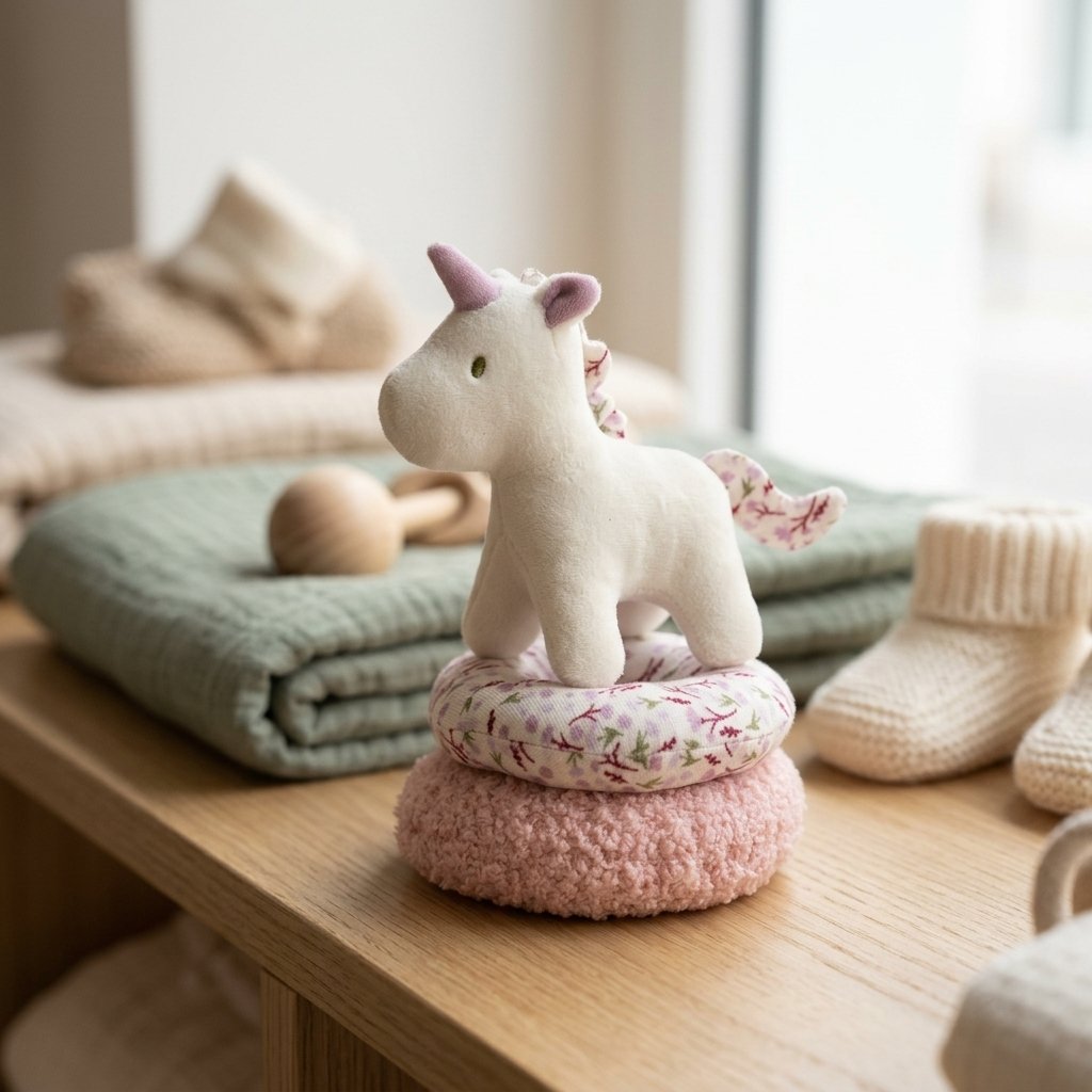 Petite licorne en peluche au sommet de son anneau