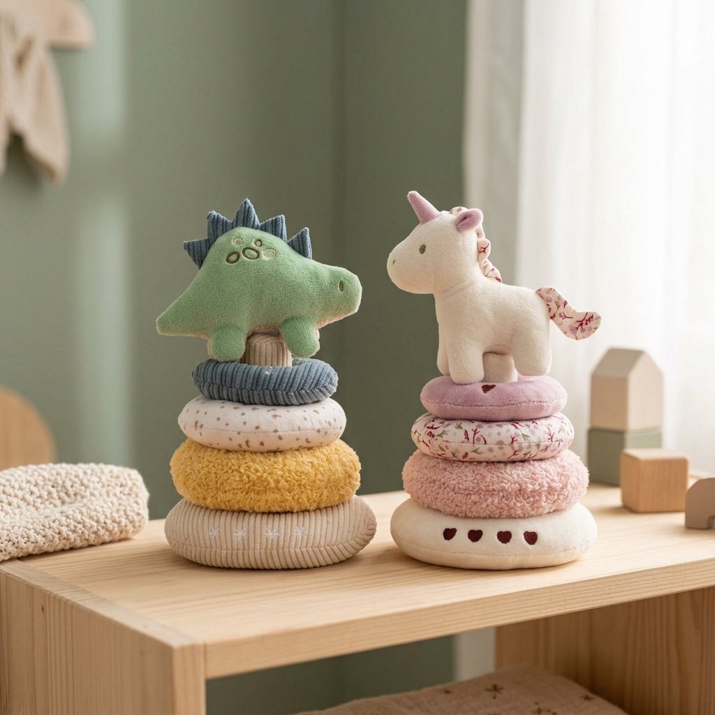 Jouets à empiler licorne et dinosaure sur une étagère