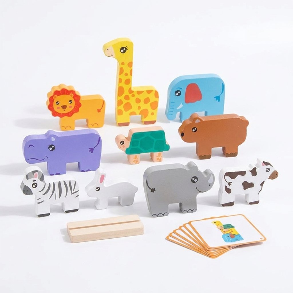 Jeu d'équilibre en bois : dix animaux à empiler, socle et cartes
