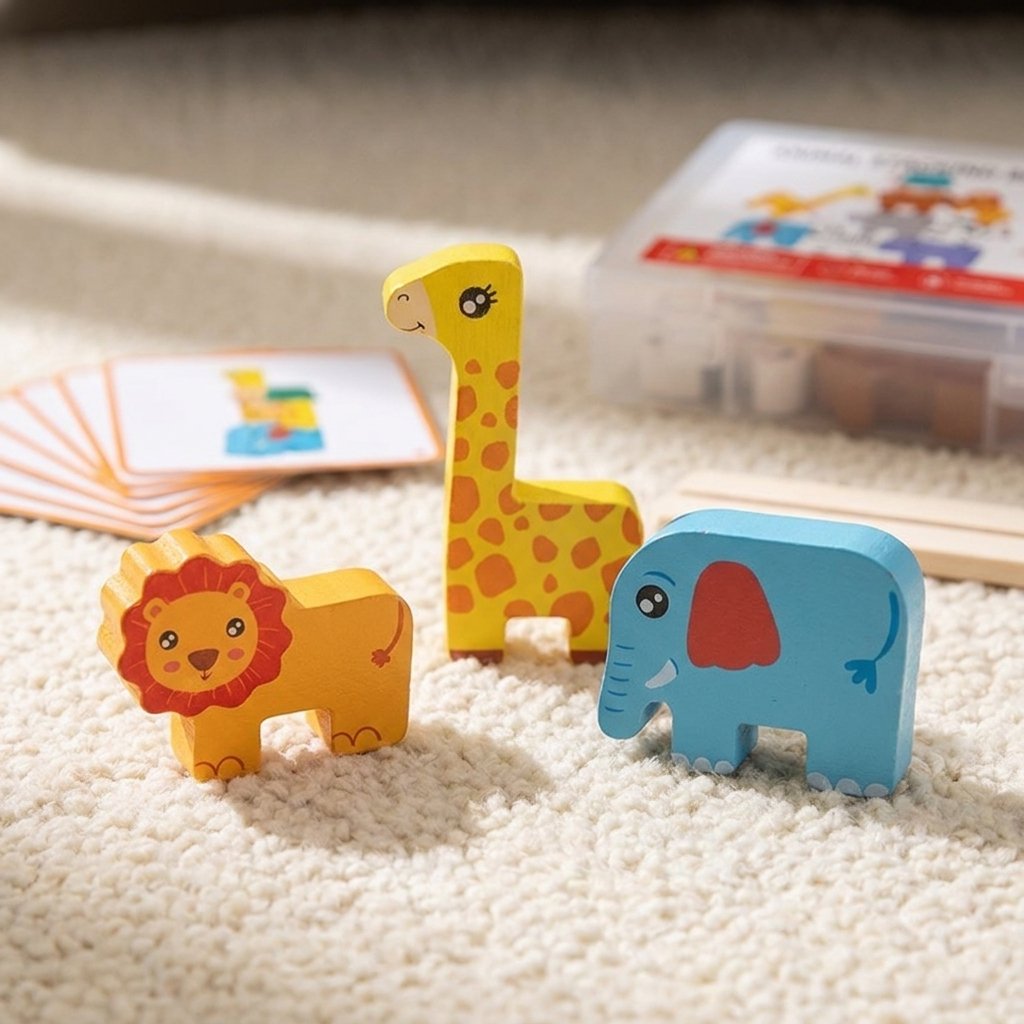 Lion, girafe et éléphant en bois peint