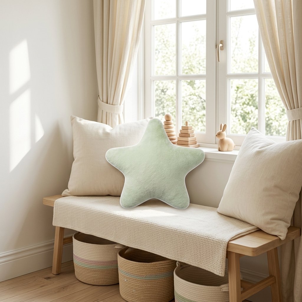 Coussin étoile vert sauge sur une banquette sous la fenêtre Image