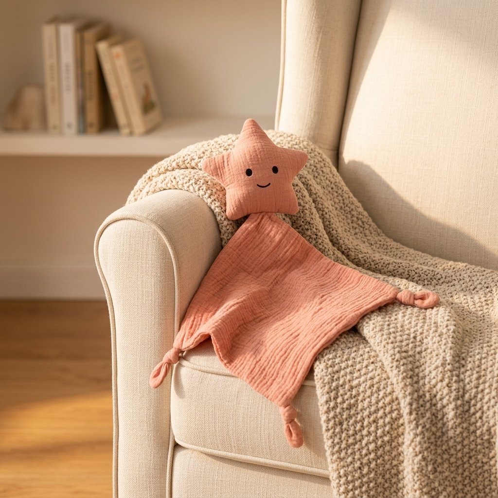 Doudou étoile corail sur un fauteuil