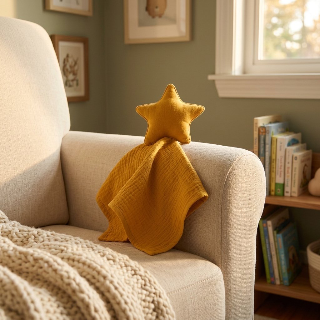 Doudou étoile moutarde sur un fauteuil Image