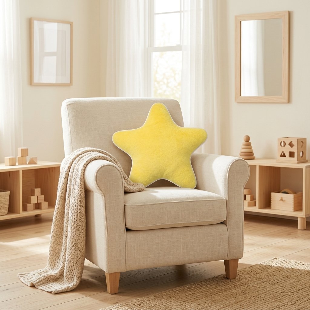 Coussin étoile jaune sur un fauteuil de chambre d'enfant