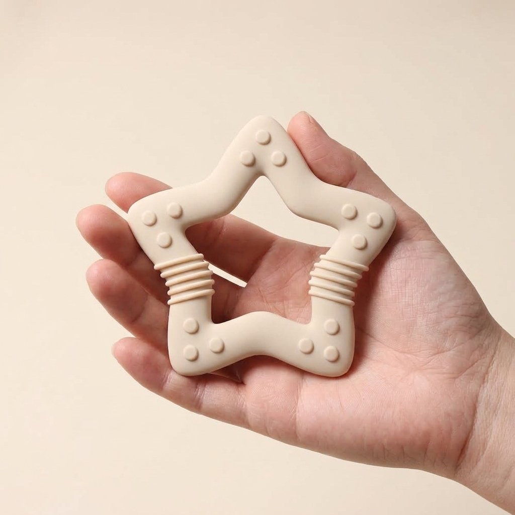 Anneau de dentition étoile tenu dans la main pour montrer sa taille