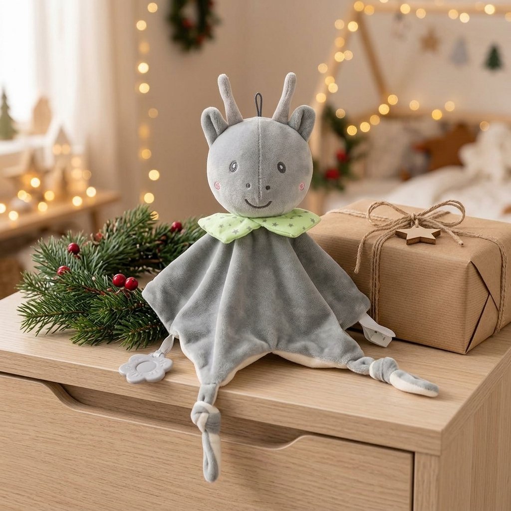 Doudou petit cerf sur une commode à côté d'un paquet cadeau