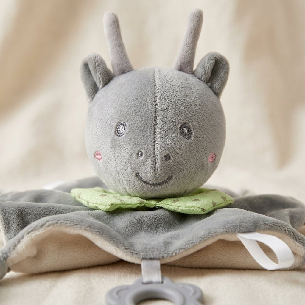 Détail de la tête brodée et de la collerette du doudou petit cerf