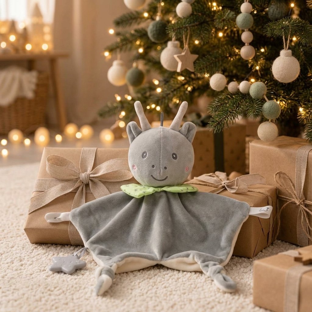 Doudou petit cerf au pied d'un sapin de Noël