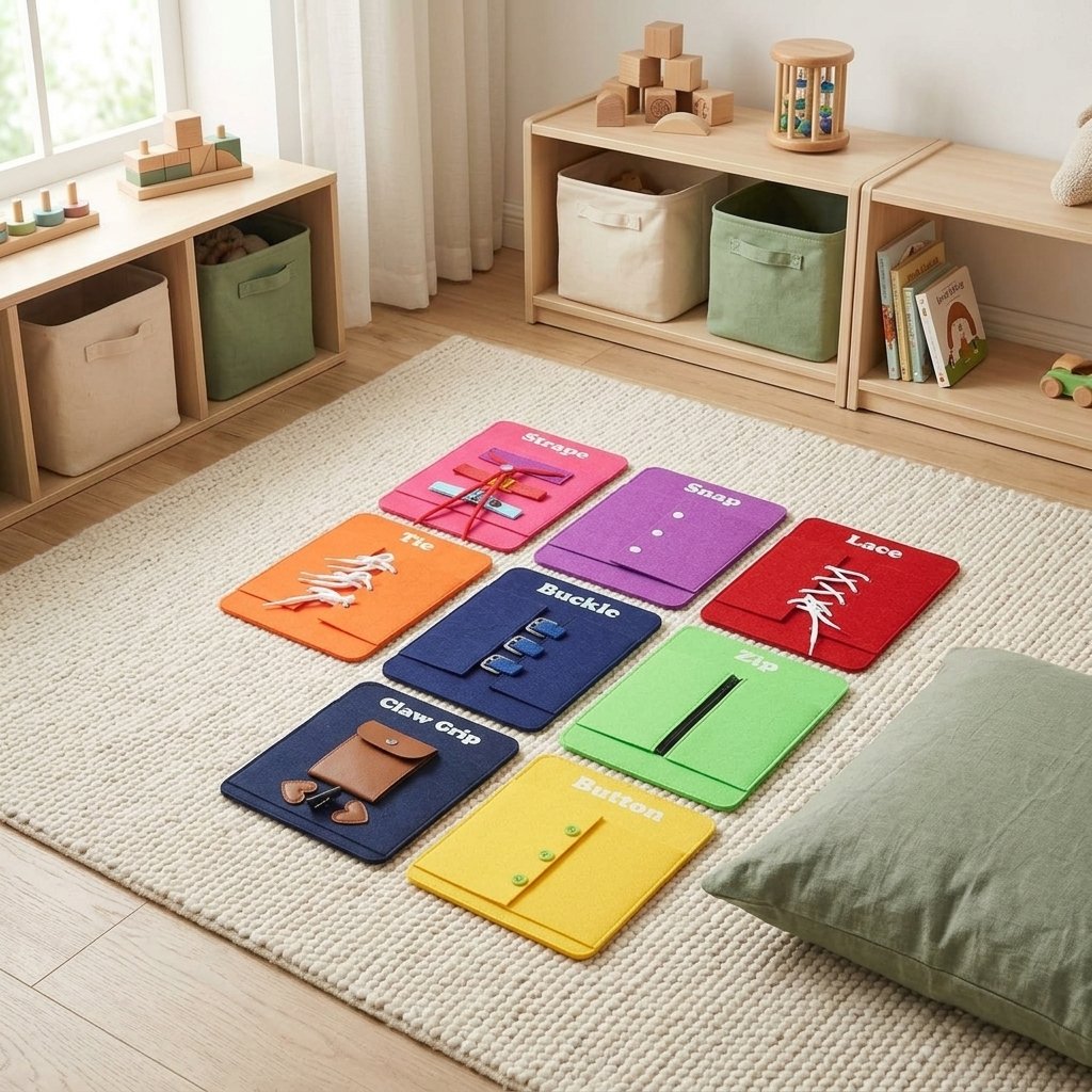 Huit planches d'habillage étalées sur un tapis