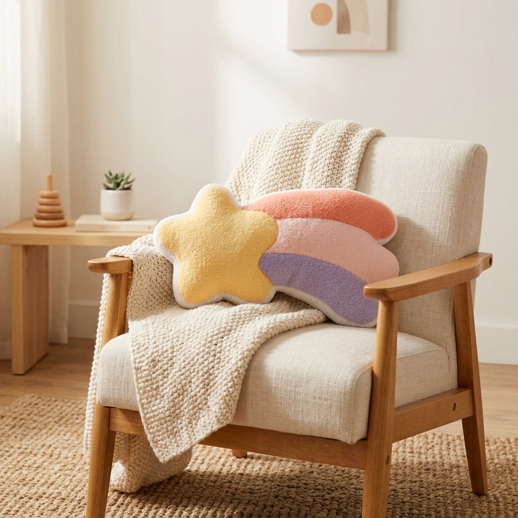 Coussin étoile filante sur un fauteuil en lin