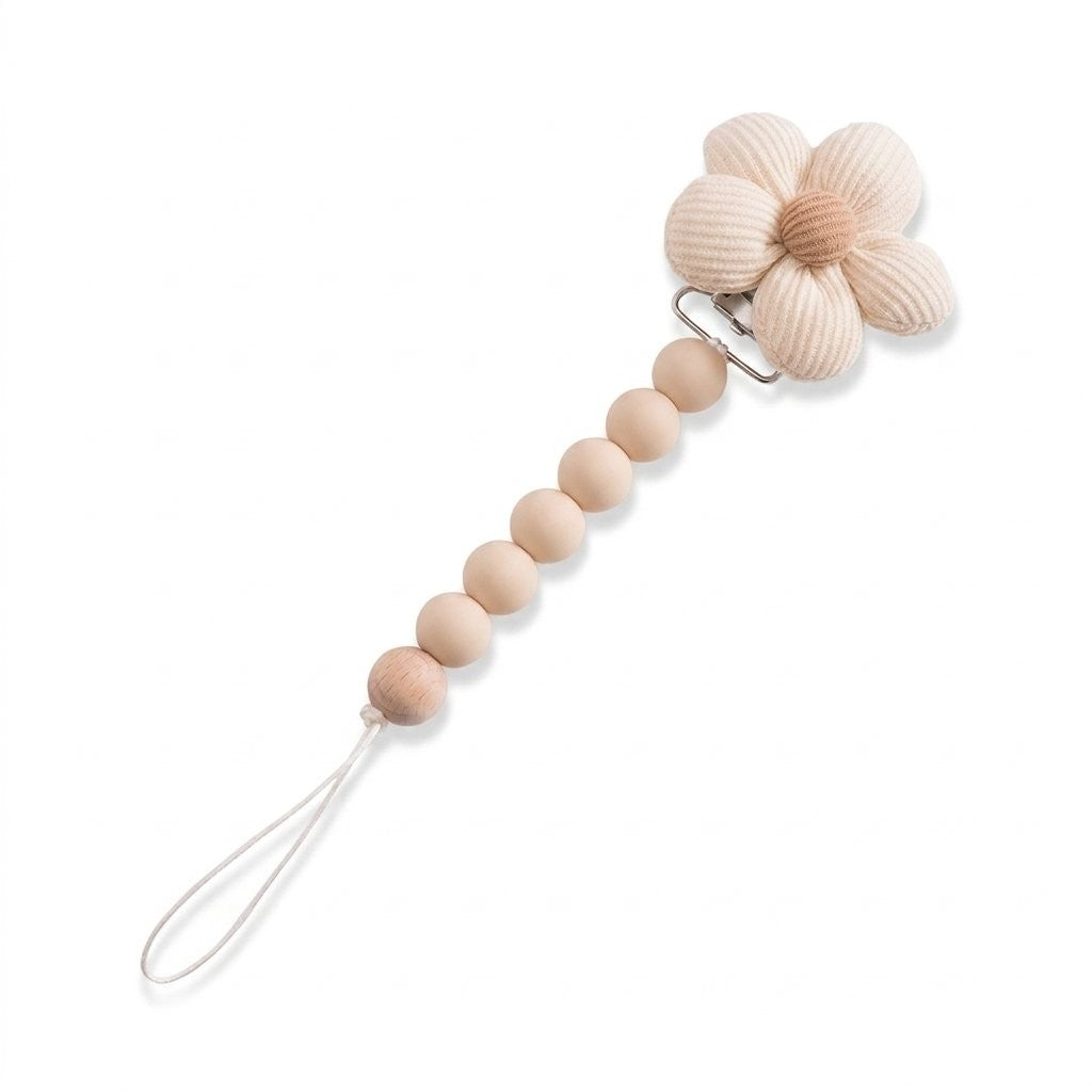 Attache-tétine fleur beige et perles en silicone