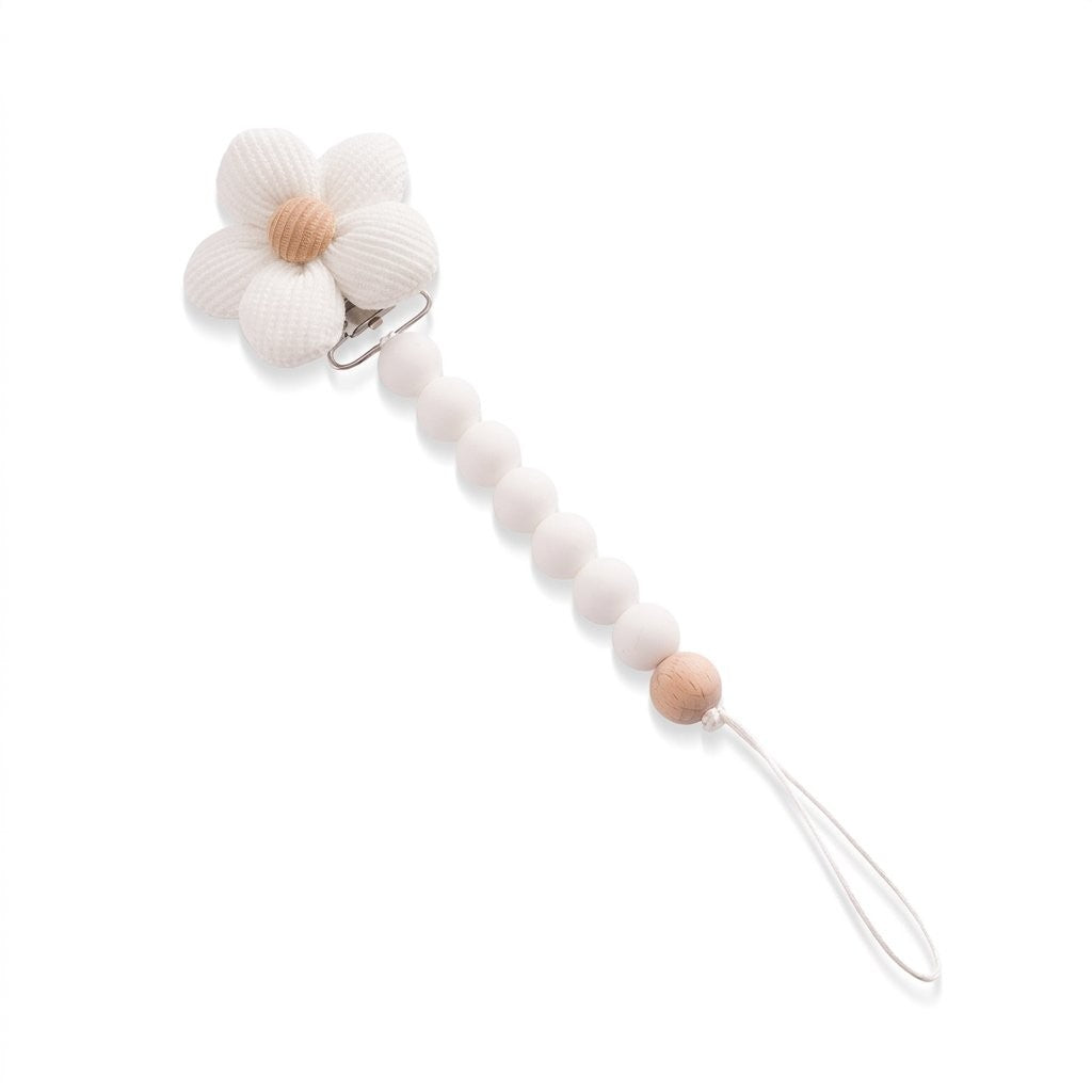 Attache-tétine fleur blanche et perles en silicone