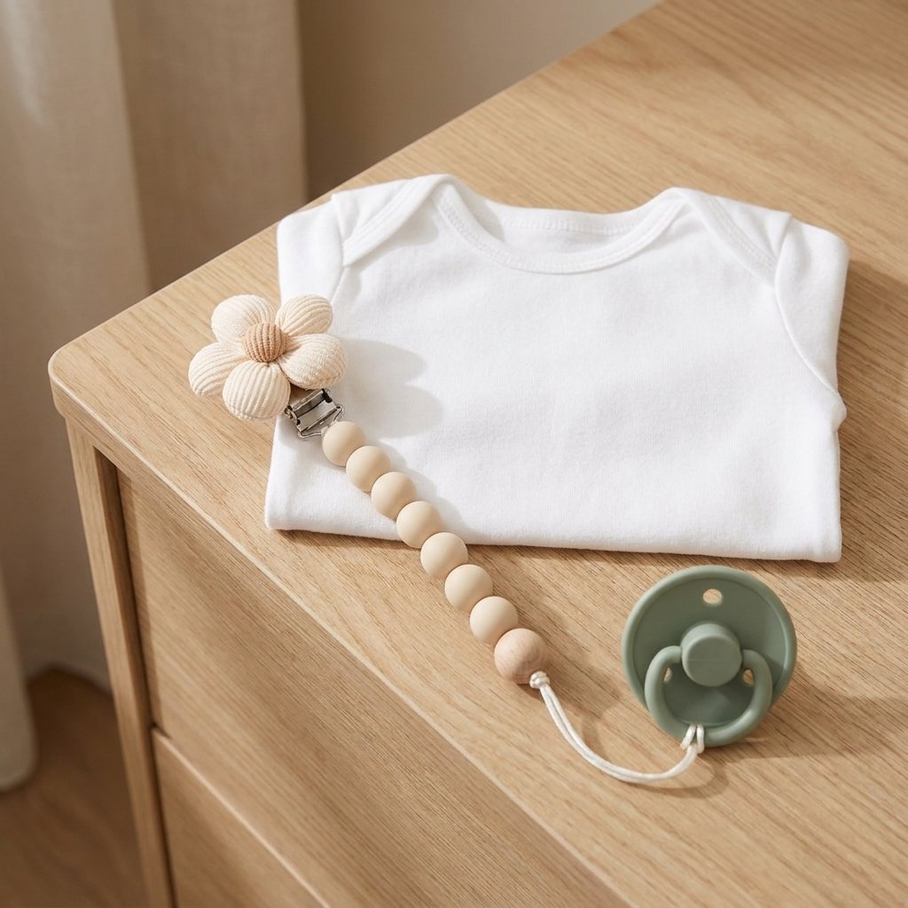 Attache-tétine fleur beige clipsée sur un body plié Image