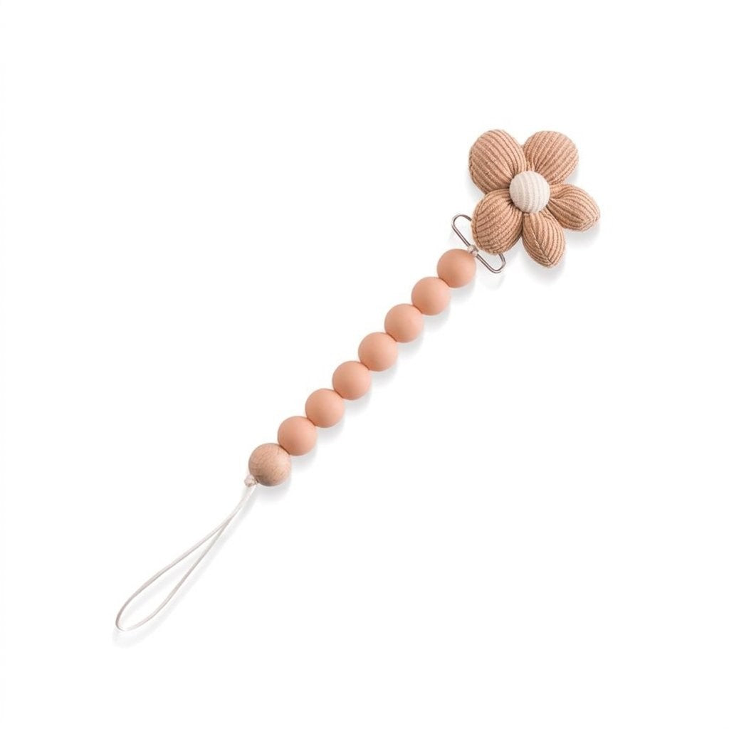 Attache-tétine fleur caramel et perles en silicone