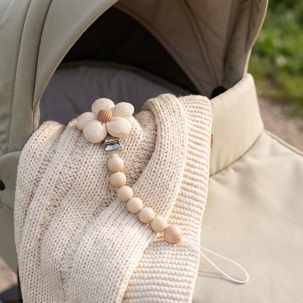 Attache-tétine fleur clipsée sur une couverture de poussette
