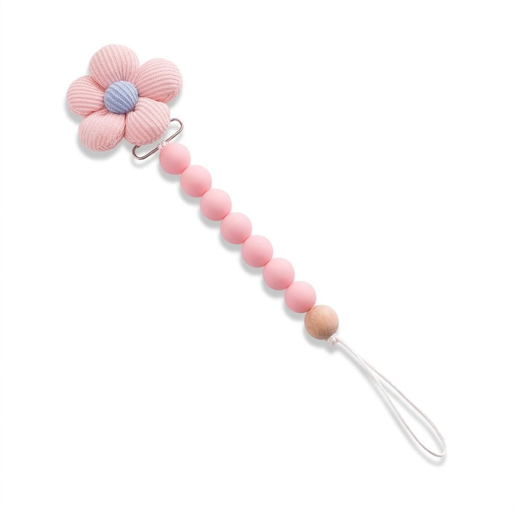 Attache-tétine fleur rose au cœur bleu et perles en silicone