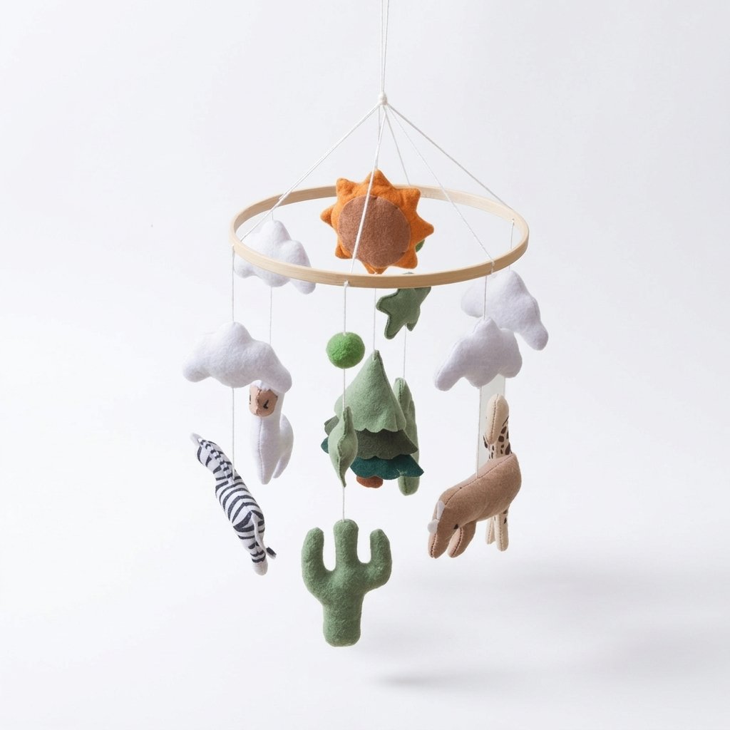 Mobile bébé en feutrine forêt et soleil sur cercle en bois