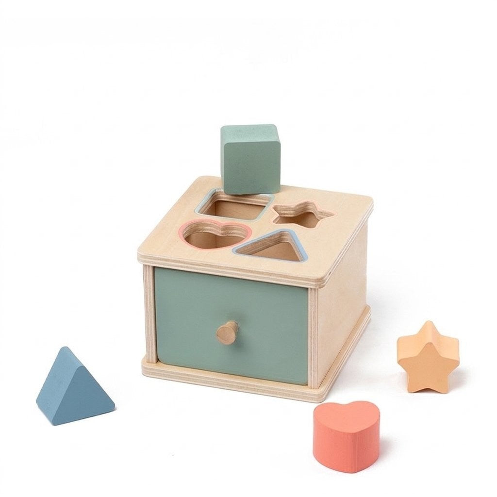 Boîte à formes Montessori en bois avec tiroir sauge et quatre blocs