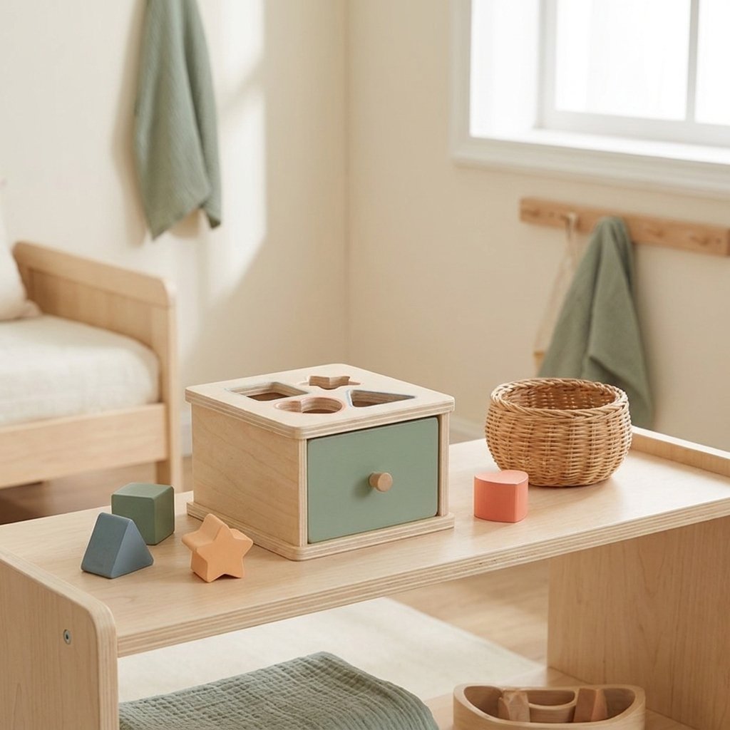Boîte à formes sur une étagère basse