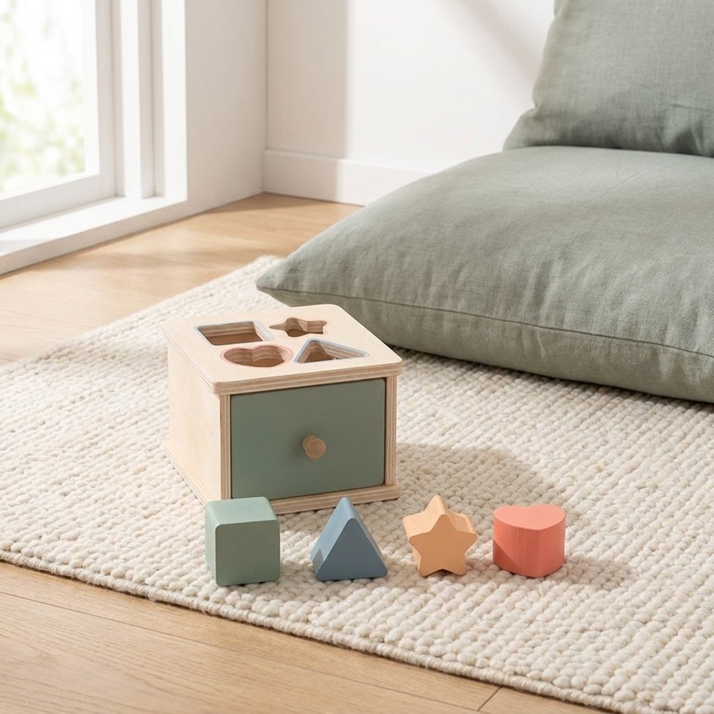 Boîte à formes et ses blocs sur un tapis crème