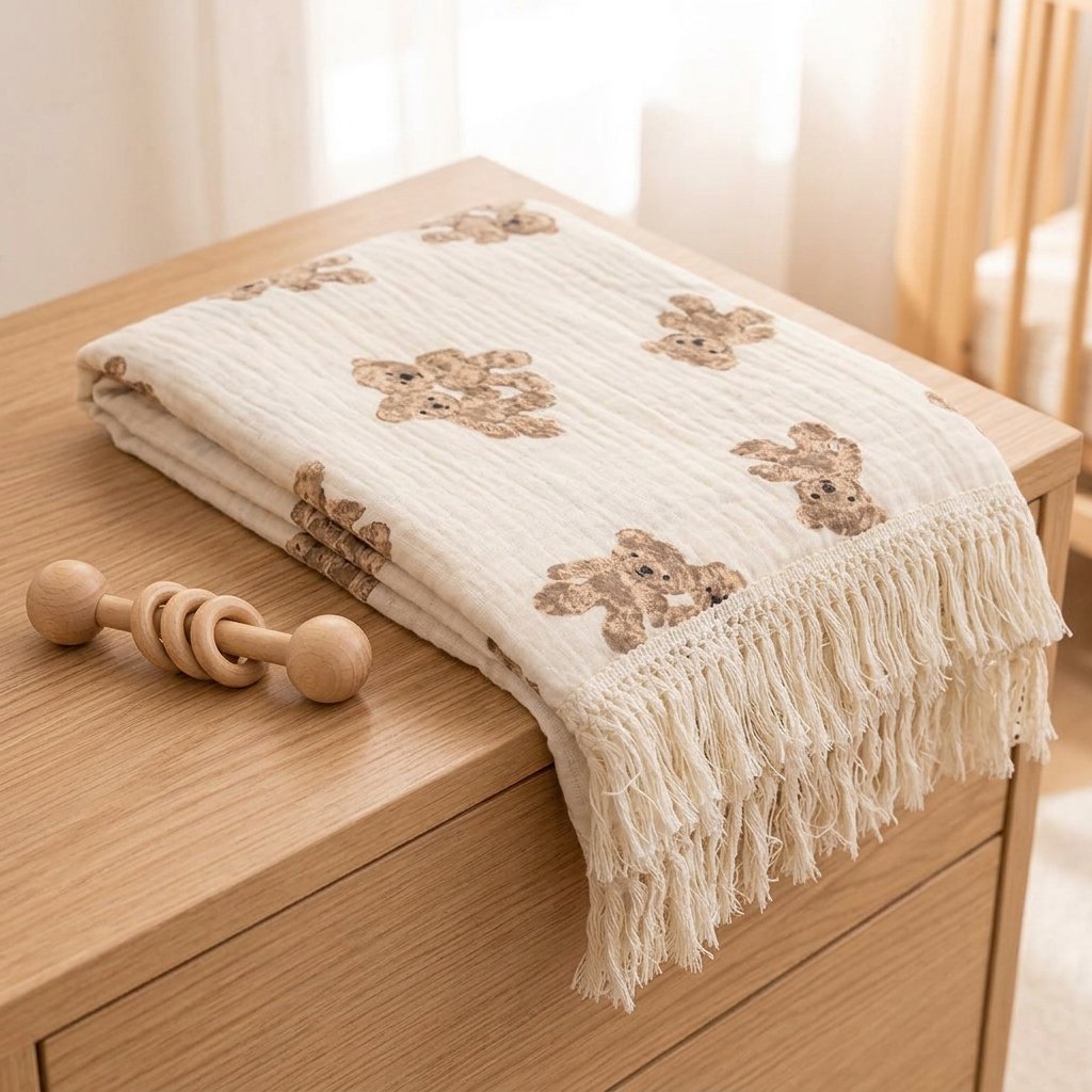Lange à franges plié sur une commode avec un hochet en bois