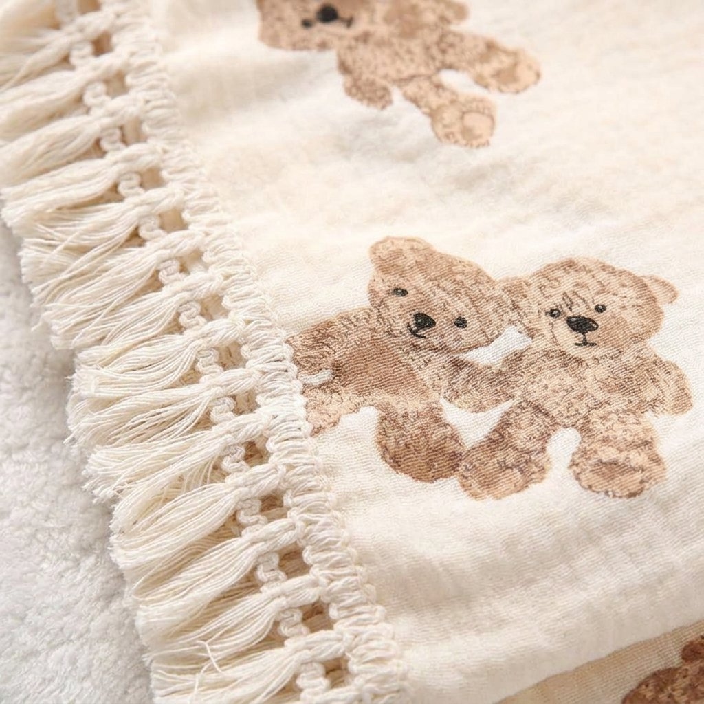 Détail des franges tressées et des oursons du lange
