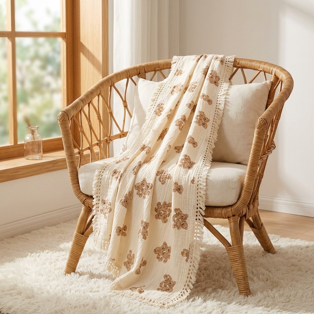 Lange à franges drapé sur un fauteuil en rotin