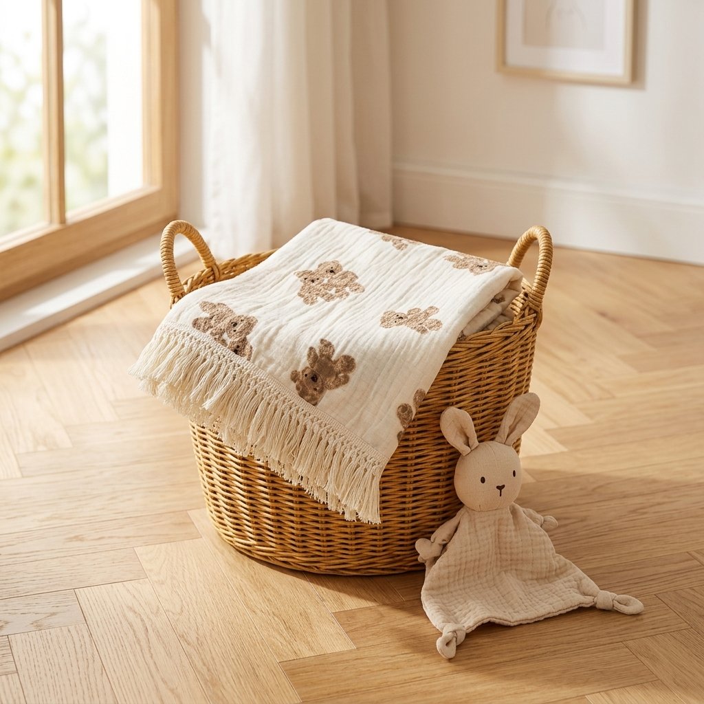 Lange à franges plié dans un panier en osier Image
