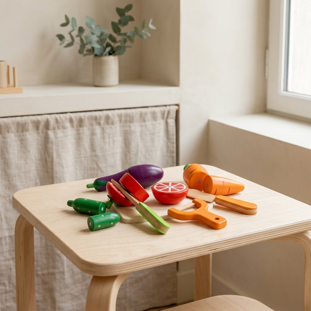 Fruits et légumes en bois sur une table d'enfant