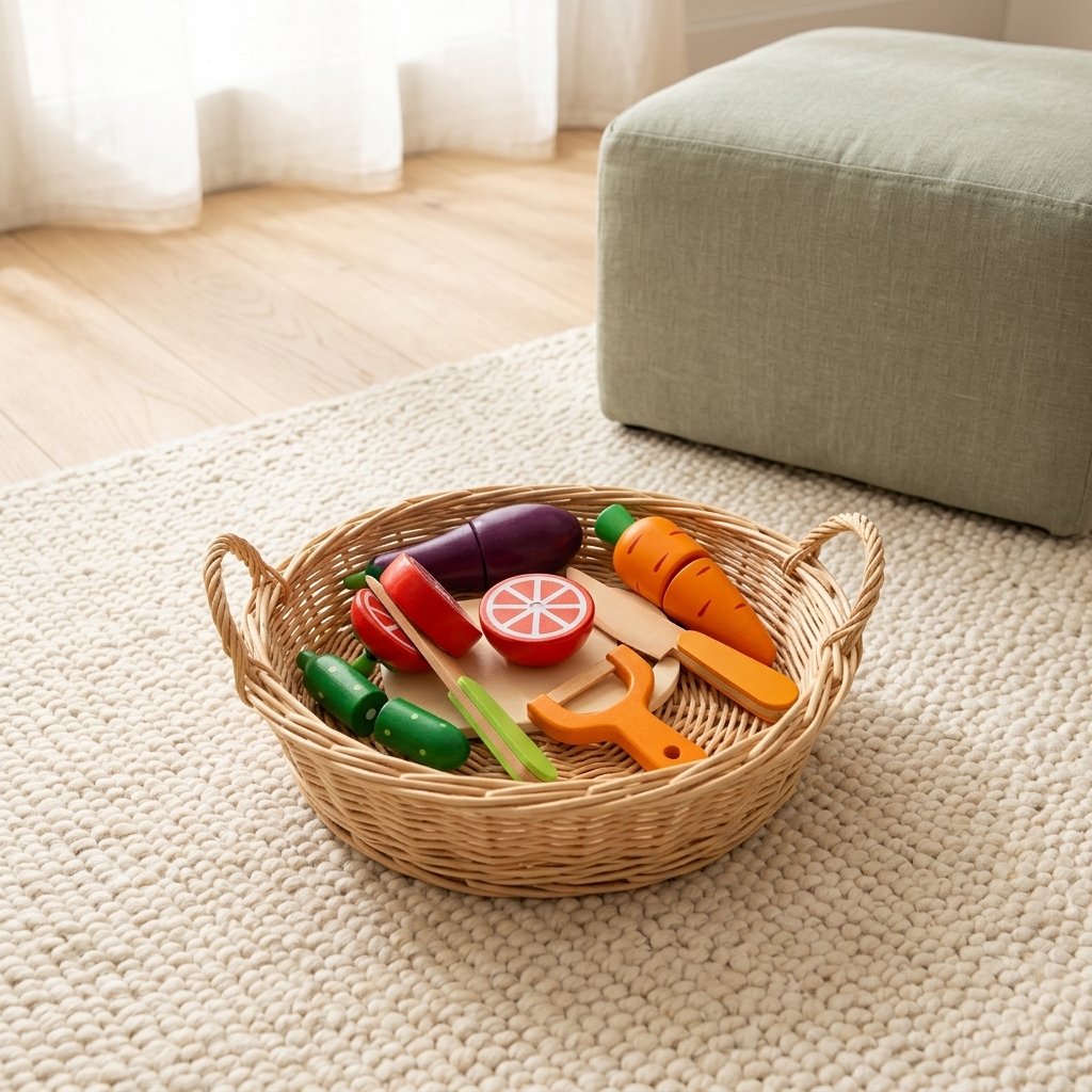 Légumes en bois à découper dans un panier en osier